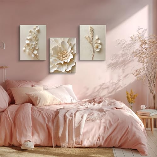 3 Pcs Neutral Beige Botanical Wall art Modern Minimalist Florals Wall Decor White Neutral Botanical Posters Prints Beige Bloom Florals Textured Paintings Vintage Blossom Pictures(16x24in Canvas) - color: Canvas-Beige, size: 16L" x 24W"