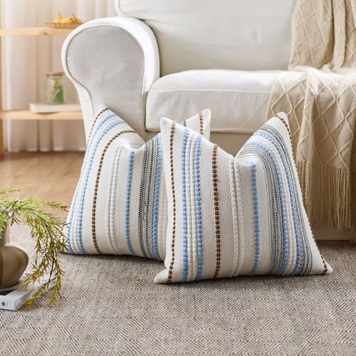 Pack of 2 Boho Throw Pillow Covers,Blue Brown White Striped Farmhouse Decorative Square Textured Woven Pillowcase for Sofa Couch Bed Living Room Decor,18x18 Inch
