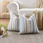 Pack of 2 Boho Throw Pillow Covers,Blue Brown White Striped Farmhouse Decorative Square Textured Woven Pillowcase for Sofa Couch Bed Living Room Decor,18x18 Inch
