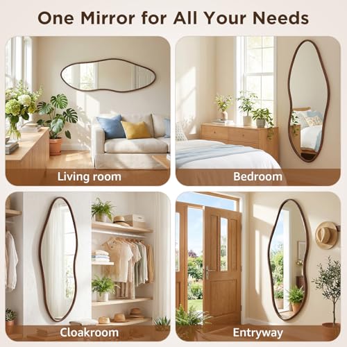 Irregular Full Length Mirror 64"x21", Cloud-Shaped Design with Rounded Oak Hardwood Frame in Black Walnut, Asymmetrical Wall Mirror for Bedroom,Living Room,Cloakroom,Horizontal/Vertical