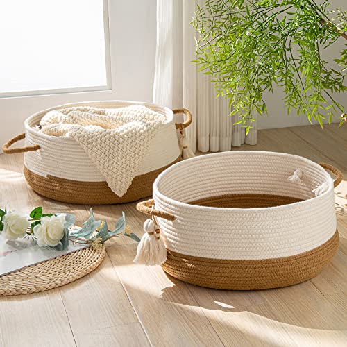 KAKAMAY Woven Baskets for Storage(16"x8"),Blanket Basket for Organizing Living Room,Cotton Rope Basket Woven Baby Laundry Hamper,Collapsible Laundry Room Organization,Clothes,Toy Chest(Brown) - color: Brown