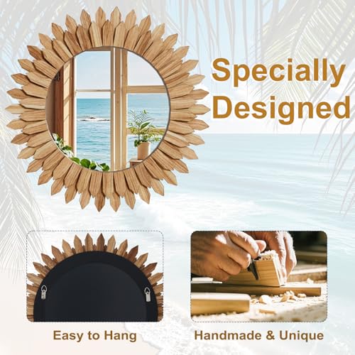 28 Inch Brown Boho Wall Decor Sunburst Mirror - Round Wooden Wall Decor, Handmade Rustic Circular Mirror for Living Room, Bedroom, Entryway, Office - color: Brown, size: 28"L x 28"W