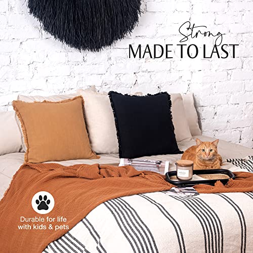 INSPIRED IVORY Linen Pillow Cover 20x20 Inch - Rustic Decorative Cinnamon Brown Throw Pillow Cover with Fringe - Farmhouse Accent Pillow Cushion Cover for Sofa, Couch, Bed Decor, Single Sham, 50x50cm