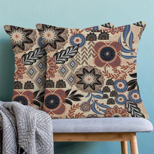 Boho Brown Blue Pillow Covers 18x18 Set of 2, Abstract Mid Century Neutral Outdoor Decorative Botanical Tropical Leaves Throw Pillows Retro Flower Couch Cushion Case for Chair Sofa Bedroom - color: Vc8, size: 18" x 18" (Pack of 2)