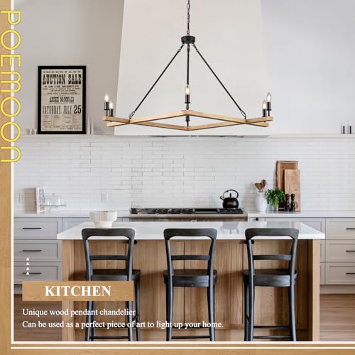L45'' Natural Farmhouse Square Wood Chandeliers Rustic 6-Light Unique Rectangular Candle Chandelier Long Ceiling Pendant Light for High Ceiling Living Dining Room Foyer Kitchen Island,E12 - color: Natural, size: 45 inches