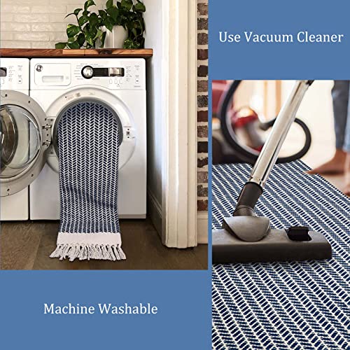 Lahome Belle Boho Bathroom Rugs, Small 2x3 Front Door Mat Lightweight Entryway Rug Woven Cotton Area Rug with Tassels, Farmhouse Non Shedding Washable Blue Throw Rug Low Pile Carpet for Entry Laundry - color: Navy Blue, size: 2' x 3' (Rectangular)