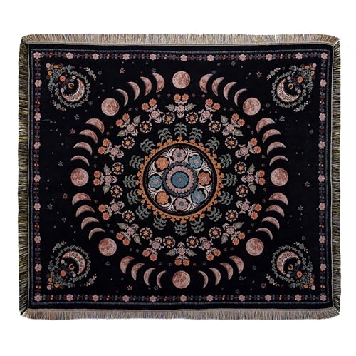 Boho Throw Blanket Reversible Cotton Bohemian Tapestry Hippie Room Decor Double Sided (Lunar Eclipse Black 50"x60") - color: Boho Lunar Eclipse Black 2, size: 50*60 inch