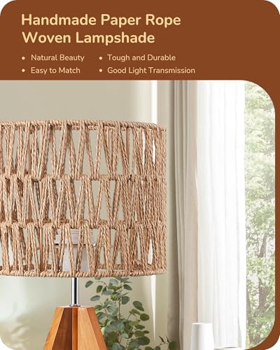 EDISHINE Small Table Lamp, Rattan Wood Tripod Bedside Lamp, Boho Nightstand Lamp for Living Room, End Table, Office, E26 Base, Natural Style - style: W-shaped Wave
