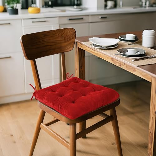 ELFJOY 4 Pack Chair Cushions for Dining Chairs Chair Pads Cushion for Kitchen Office Tufted Square Seat Cushion with Ties (16" Red Velvet) - color: Bright Red