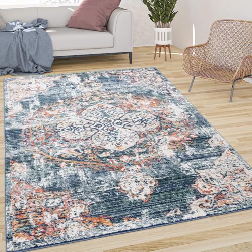 Paco Home Vintage Rug Oriental Design with Modern Ornaments in Faded Blue, Size: 5'3" x 7'7" - color: Blue, size: 5'3" x 7'7" (Rectangular)