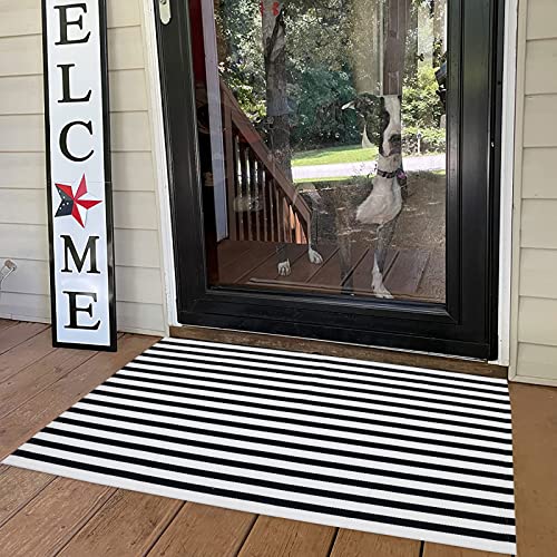 Black and White Striped Outdoor Rug Halloween Door Mat 27.5" x 43" Front Porch Rug Farmhouse Fall Layered Door Welcome Mat for Entryway/Home Entrance/Laundry Room - color: Black&white Stripe C, size: 2'4" x 3'7" (Rectangular)