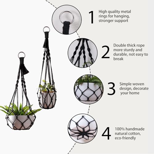 Artilady Black Plant Hanger Macrame Hanging Planter for Indoor Boho Plants Holder with Hooks Hanging Plant Basket Outdoor Window Wall Plants Home Decor (Black Macrame-2pcs) - color: Black Macrame-2pcs