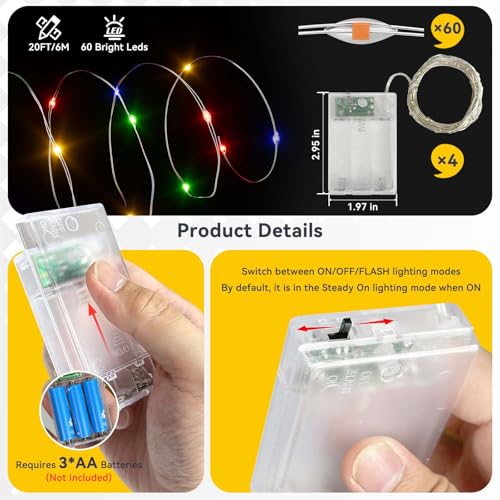 4 Pack 240LED Christmas Multicolor Fairy Lights Battery Operated - 20FT Twinkle Lights with 2 Lighting Modes Indoor Outdoor, Waterproof Led Fairy String Light for Bedroom, Dorm, DIY, Christmas Decor - color: Multicolor, size: 4 Pack