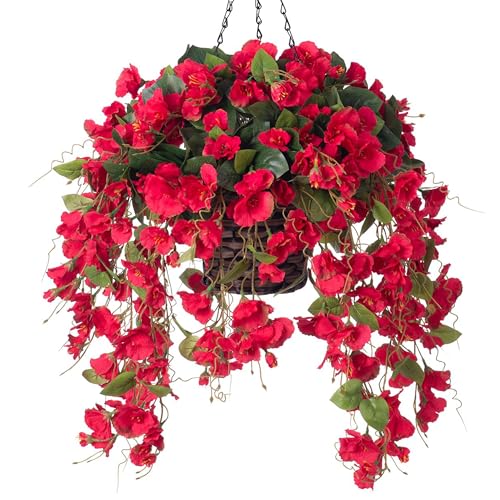 Artificial Fake Hanging Hibiscus Flowers Plants Baskets for Outdoor Decor, Faux Silk Hibiscus Long Vines in Planter UV Resistant Realistic Flowers for Outside Porch Patio Home Decoration, Red - color: Red 2