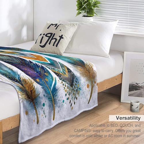 Blanket Feather Pattern Blue Throw Blanket for Women Men, 50"x60" Vintage Watercolor Gold Branch Plush Flannel Throws, Decor for Bed Couch Bedroom - color: Feather Pattern Blue, size: 50"x60"
