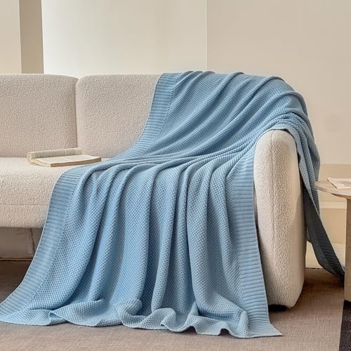 Simple&Opulence 100% Cotton Blanket Queen Size, Solid Color Cable Knitted Blanket Super Soft Comfortable Breathable Decorative Farmhouse for Couch Sofa Bed, All Season Use(Winter Blue,90x90) - color: Winter Blue, size: Queen Size 90x90"