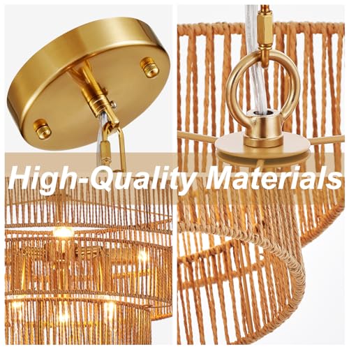 19.7" Boho Rattan Chandelier 6-Light Farmhouse Hand-Woven Drum Light Fixture, Vintage Rustic Wicker Rattan Gold Chandelier for Dining Room, Bedroom, Kitchen, Living Room, E12 Base - color: Gold 19IN