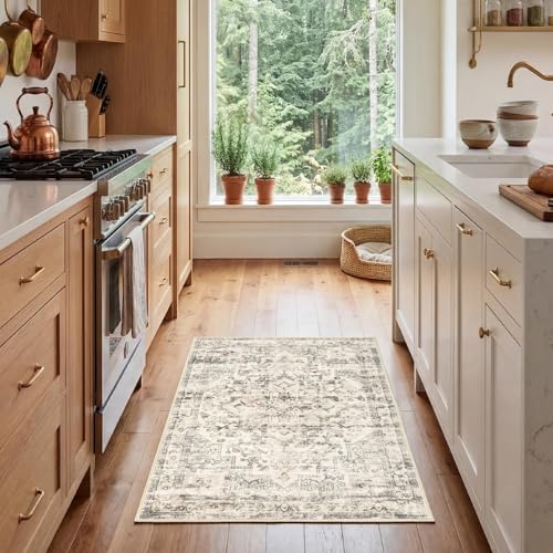 GarveeHome Washable Area Rug 2x3 Entryway Rug Vintage Distressed Small Rugs Floral Doormat Non Slip Low Pile Throw Carpet for Bedroom Kitchen Laundry Beige - color: Beige, size: 2' x 3' (Rectangular)