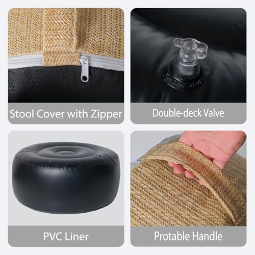 Outdoor Inflatable Ottoman with Air Pump, Fade-Resistant Patio Footrest Stool D21”x H9”, Round Pouf Ottoman with Portable Handle Suitable for Garden, Camping, Bedroom, Living Room - color: Beige