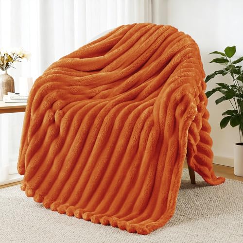 Exclusivo Mezcla Fleece Throw Blanket for Couch, Super Soft Striped Jacquard Bed Blanket, Lightweight Fuzzy Cozy for All Seasons, 50x60 Inches, Burnt Orange - color: Burnt Orange, size: Throw ( 50x60 IN )