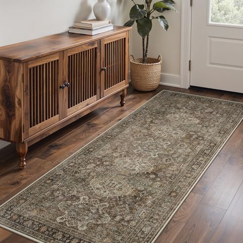 Bavni Washable Runner Rug 3x8, Non Slip Hallway Rug, Vintage Aesthetic Thin Low Pile Washable Carpet for Kitchen Bedroom Entryway, Brown - color: Brown, size: 3' x 8' (Rectangular)