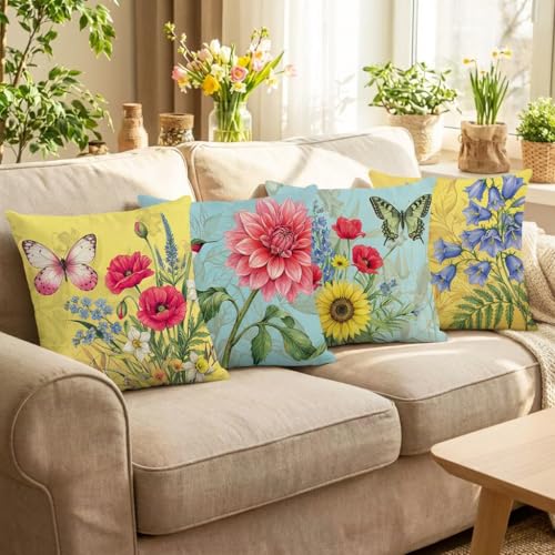 wyooxoo Spring Summer Pillow Covers 18x18 Set of 4 Decorative Throw Pillow Covers Linen Flower Butterfly Farmhouse Pillowcases for Sofa Couch Living Room Outdoor - color: Color B, size: 18" x 18" (Pack of 4)