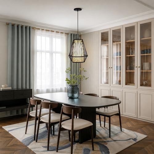 12 Inch Pendant Light, Hanging Ceiling Lamp with Handwoven Bamboo Basket Shade, Adjustable Pendant Fixture for Kitchen Island, Dining Room, Bedroom - color: Black
