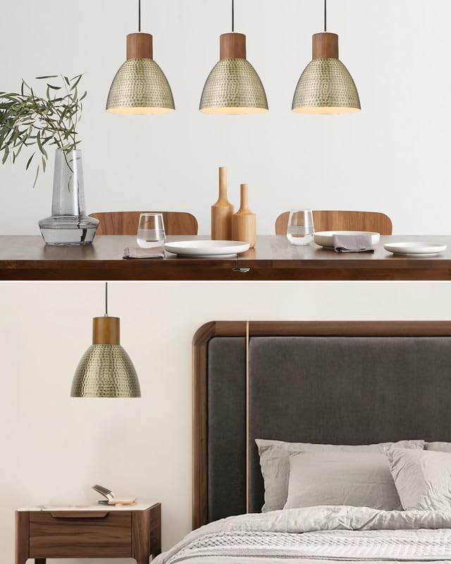 ELYONA Hammered Pendant Light Fixtures, 10.2" Vintage Metal Solid Wood Hanging Bar Lamp, Mid Century Antique Gold Pendant Lights for Kitchen Island, Farmhouse, Dining Room, Brushed Brass - color: Brass - 1 Pack