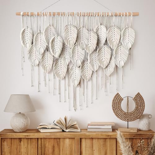 LOMOHOO Macrame Wall Hanging Boho Beige Leaves Tapestry Bohemian Handmade Woven Wall Art Decoration for Bedroom Living Room Apartment Dorm Gallery Perfect Handmade Gift Ideas - color: Beige-39" W x 28.3" L