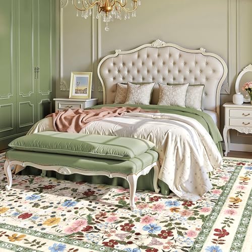 Deerly Washable Floral Rugs 8x10 Large Vintage Living Room Carpet Boho Non-Slip Soft Low Pile Thin Bedroom Floor Mat Indoor for Dining Room Playroom Nursery Farmhouse, Beige/Green/Multi - color: Beige/Green/Multi, size: 8' x 10' (Rectangular)