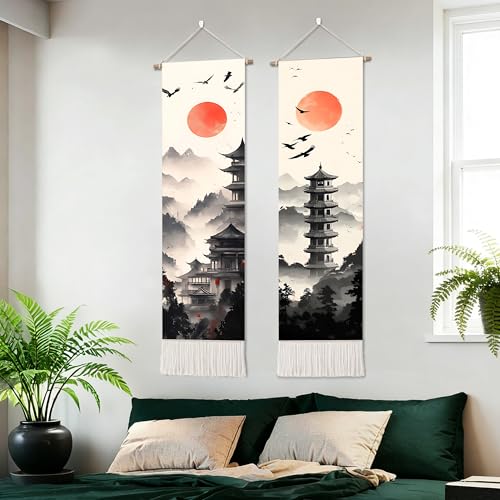 seewan 2 Pack Long Vertical Wall Tapestry, Boho Nature Landscape & Floral Aesthetic Wall Hanging for Bedroom Living Room Home Decor, Long Narrow Art Tapestry with Sunrise Mountain Botanical Designs, 13" × 51" (Zen Pagoda Twilight, 13"Wx51"H, Unframed) - c