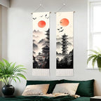 seewan 2 Pack Long Vertical Wall Tapestry, Boho Nature Landscape & Floral Aesthetic Wall Hanging for Bedroom Living Room Home Decor, Long Narrow Art Tapestry with Sunrise Mountain Botanical Designs, 13" × 51" (Zen Pagoda Twilight, 13"Wx51"H, Unframed) - c