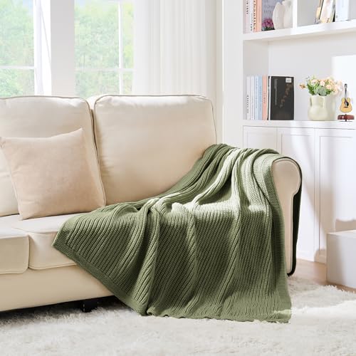 Chunky Knit Olive Green Throw Blanket 50"x60",Soft Cozy Thick Knitted Blanket for Couch Sofa Bed,Fisherman Cable Knit Cute Decorative Throw for Living Room - color: Olive Green, size: 50"x 60"