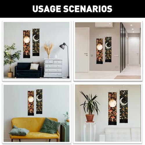 PLIGREAT 2 Pack Moon Tapestry Mushroom and Botanical Tapestry with Tassels Vertical Bohemian Wall Hanging Aesthetic Floral Wall Tapestries for Bedroom Living Room Dorm Room Narrow Home Decor - color: Yellow and Green