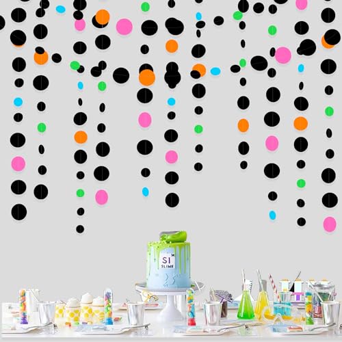 Black and Colorful Circle Dots Hanging Paper Streamer Black Multi-Color Polka Dot Banner for Birthday Bachelorette Wedding Baby Shower Fiesta Disco Halloween Party Decorations Supplies - color: Colorful Black