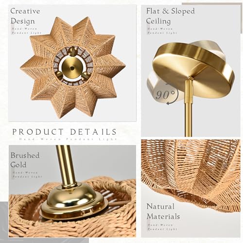 17.7 Inch Rattan Pendant Light Hemp Rope Rattan Light Fixture Woven Pendant Wicker Chandelier 3-Light Boho Chandelier for Bedroom - color: 17.7" Natural