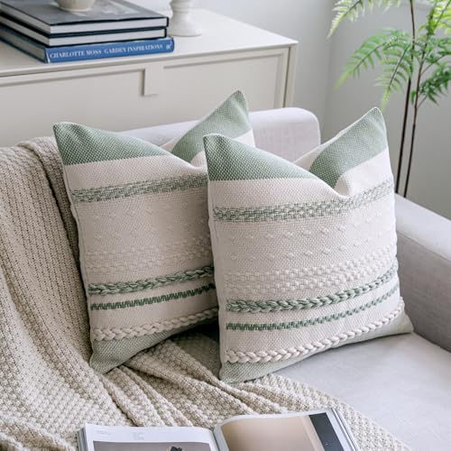Cethom Boho Throw Pillow Covers 18x18 Inch Set of 2, Sage Green Textured Decorative Couch Pillow Cases for Farmhouse Home Decor, Accent Cushion Cover for Sofa, Bed, Living Room, Bedroom - color: Sage Green, size: 18" x 18" (Pack of 2)
