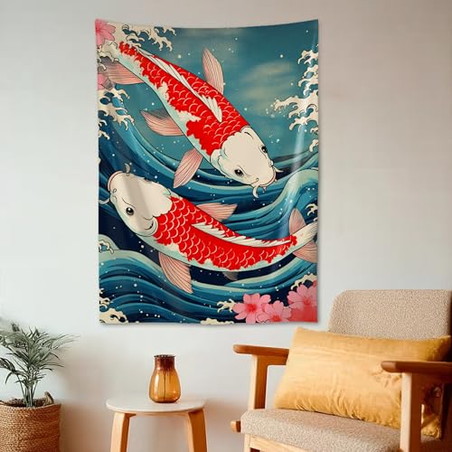 QEOPGNE Large Wall Tapestry Koi Fish Japanese Great Waves Cherry Blossom Retro Flags Tapestry for Room Living Room Wall Decor Large Wall Art Tapestries 30""x40"", style - color: Style, size: 40"L x 30"W