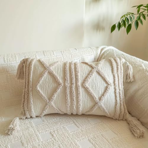 vctops Boho Throw Pillow Cover Farmhouse Tufted Embroidery Cream Decorative Cushion Pillow Covers Shabby Chic Lumbar Accent Pillowcase for Bed Sofa Living Room (Type C,12"x20") - color: Type C, size: 12"x20"