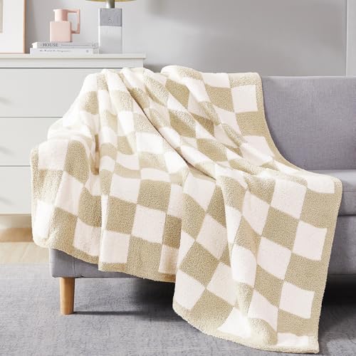WRENSONGE Checkered Throw Blanket, Beige Soft Cozy Fluffy Warm Hand Made Throw Blankets for Couch, Sofa, Chair, Bed, Camping, Picnic, Travel Lightweight Bed Blanket - 50"*60" - color: Beige, size: Throw (50"x 60")