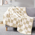 WRENSONGE Checkered Throw Blanket, Beige Soft Cozy Fluffy Warm Hand Made Throw Blankets for Couch, Sofa, Chair, Bed, Camping, Picnic, Travel Lightweight Bed Blanket - 50"*60" - color: Beige, size: Throw (50"x 60")
