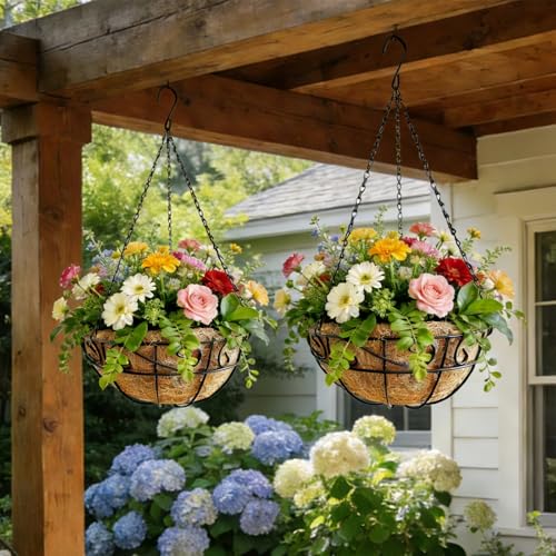 Hanging Planters for Outdoor Plants,2 Pack 12 inch Wire Hanging Baskets with Coco Coir Liner,Hanging Flower Basket for Indoor,Outdoor Garden Decoration