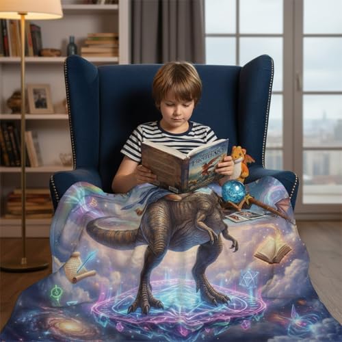 Neasow Funny Cat Witch Dinosaur Throw Blanket, Galaxy Space Rainbow Flannel Fun Blanket, Super Soft for Couch Dorm Sofa Room, Gifts for Kids Teens Boys, 50×60 inch - color: Cat Witch Dinosaur, size: 60"L x 50"W
