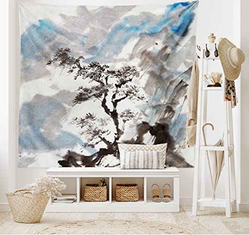 Ambesonne Japanese Tapestry, Depiction of Pine Tree Landscape on Hill Mountain with Rough Blasts, Wide Wall Hanging for Bedroom Living Room Dorm, 60" X 40", Blue Grey - color: Blue Grey, size: 60"L x 40"W