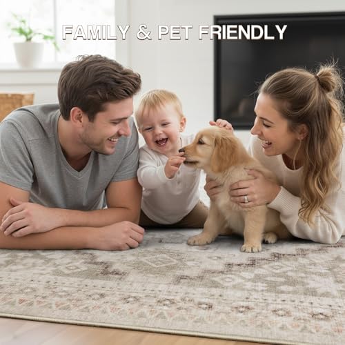 YOH Boho Washable Rug 4x6, Beige Grey Vintage Non Slip Area Rug, Distressed Indoor Carpet for Living Room Bedroom Kitchen Office - color: C-beige Grey, size: 4' x 6' (Rectangular)
