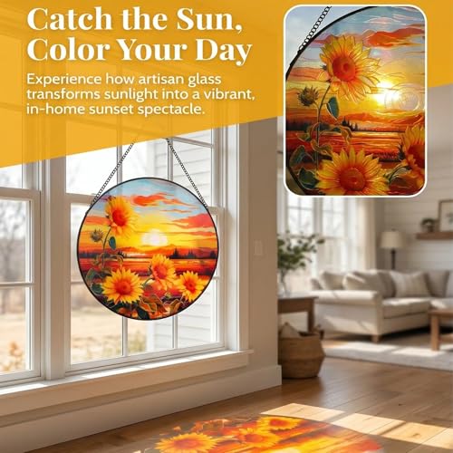 Sunflower Suncatcher Hanging Stained Glass Window Decor, Sunset Sun Catcher Wall Decor for Flower Lovers, Birthday Christmas Thanksgiving Sunflower Gift (25cm/9.8'') - color: Sunflower