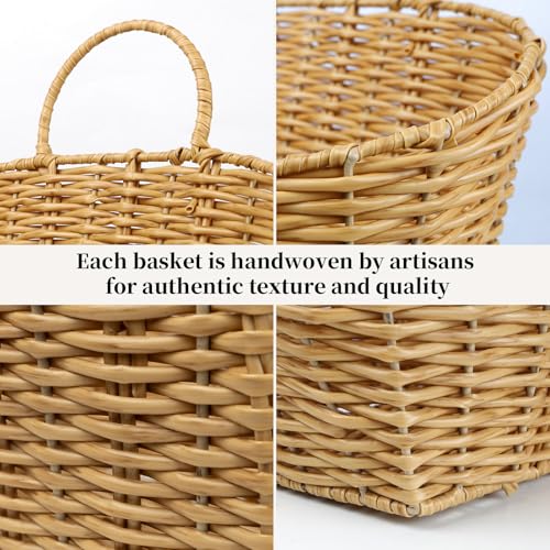 Hanging Wall Basket Handwoven Wicker Basket for Plants, Flowers & Storage, Rustic Farmhouse Wall Decor Organizer, Light Brown Plastic Rattan - color: Plastic Rattan-light Brown