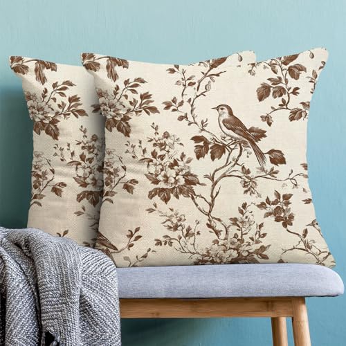 Brown Pillow Covers 18x18 Set of 2 Chinoiserie Flower Bird Throw Pillow Covers Outdoor Decor Spring Summer Vintage Floral Pillowcase Farmhouse Decorative Linen Cushion Case for Home Couch Sofa - color: A-floral Birds-brown, size: 18" x 18" (Pack of 2)
