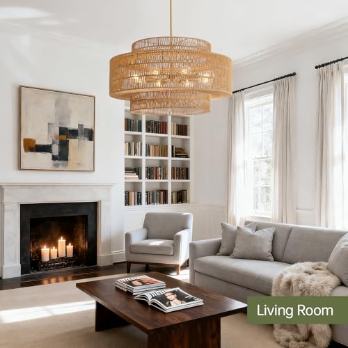 30” Boho Rattan Chandelier Light Fixture, 8-Light Large Hand Woven Pendant Light Fixture Farmhouse Rustic Chandeliers for Dining Room, Kitchen, Bedroom, Living Room, Hallway, Foyer - color: Brown, size: 30” 8-Light