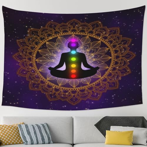 RTAFGU Chakra Meditation Tapestry, Mandala Chakra Meditation, Spiritual Energy Yoga Galaxy Art Aesthetic Wall Hanging Tapestries for Living Room, Bedroom, Dorm Party Home Decoration 91" L x 71" W - color: Chakra Meditation_1502, size: 91"L x 71"W